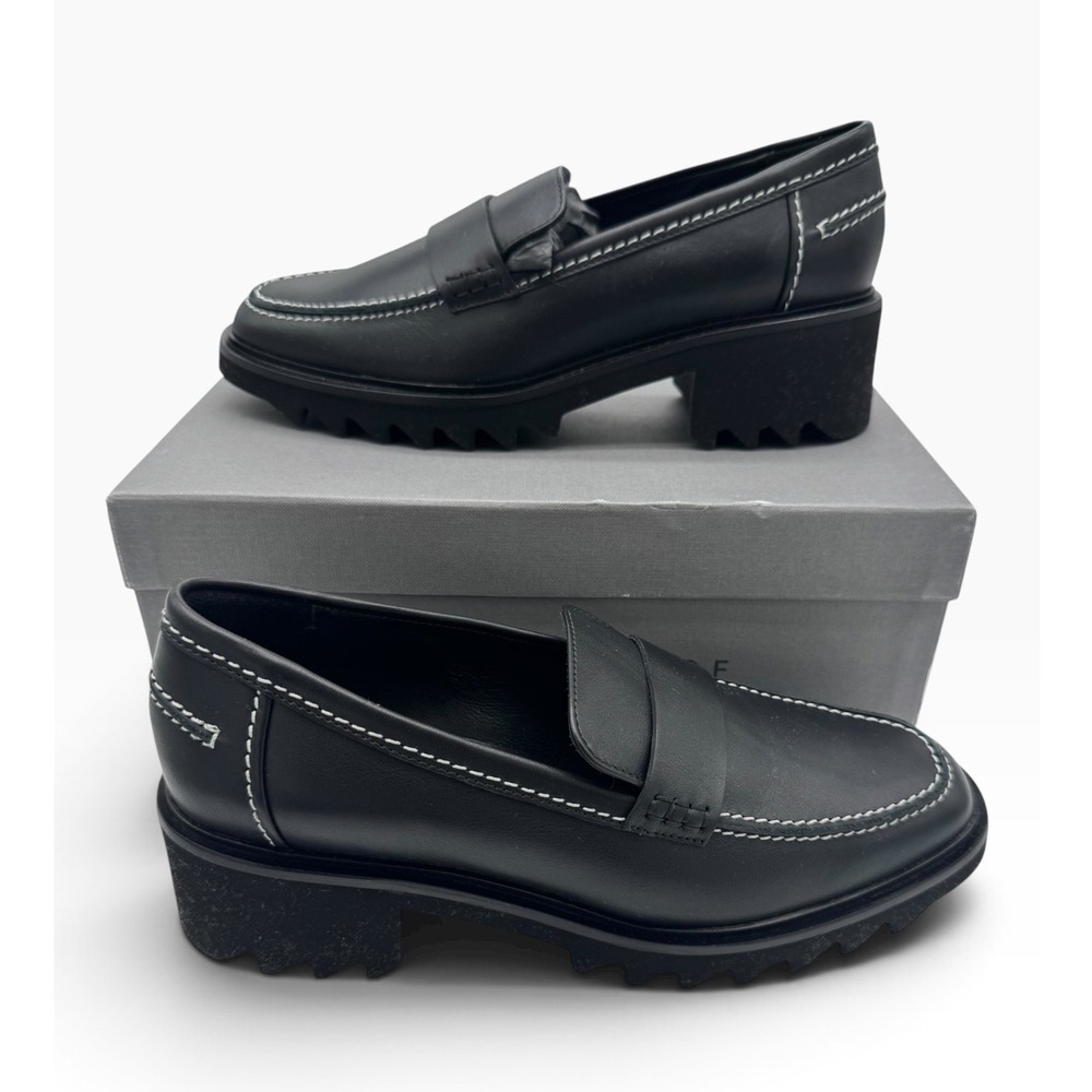 Aquatalia Sofie Black Calf Leather Weatherproof Lug Sole Penny Loafers Size 9 M